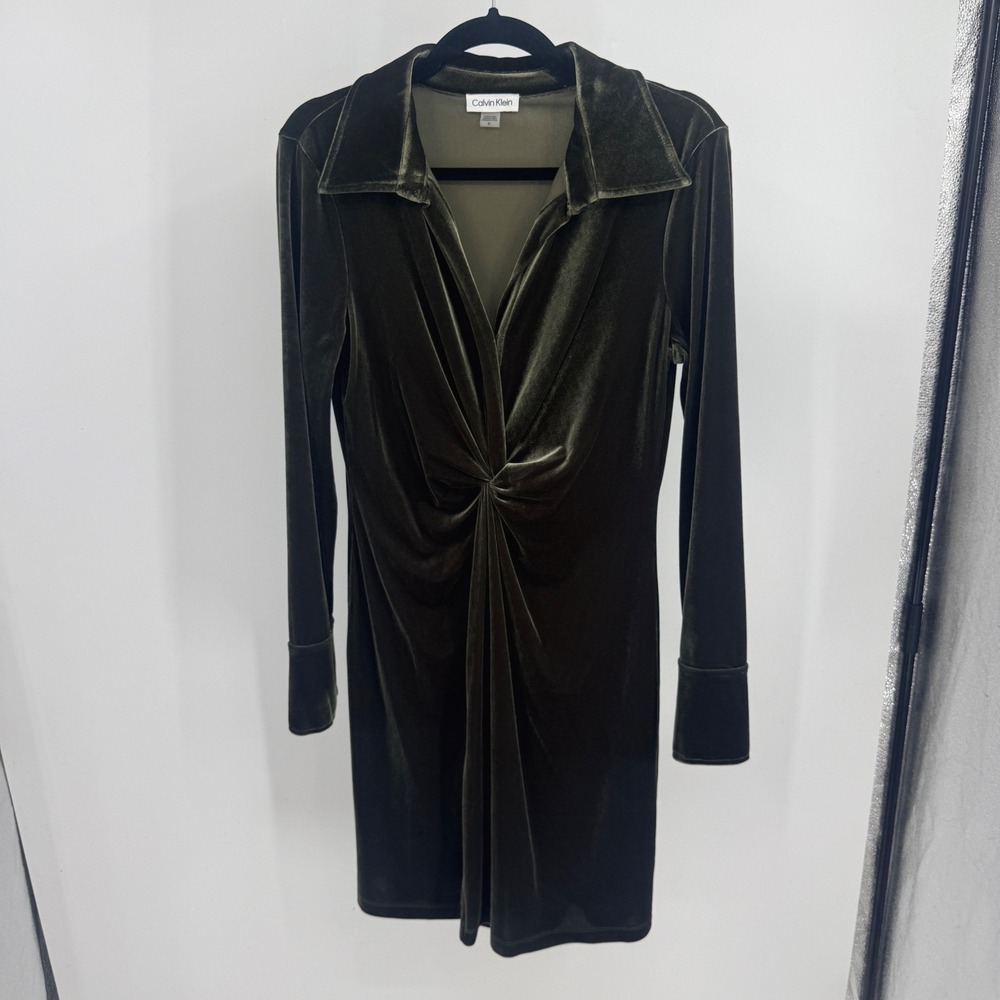 Calvin Klein Olive Green Velvet Twist Front V-Neck Mini Dress 10 Fall Witchy